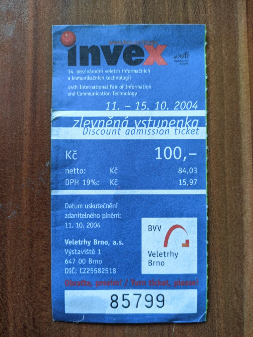 Modrá vstupenka na brněnský veletrh Invex 2004.